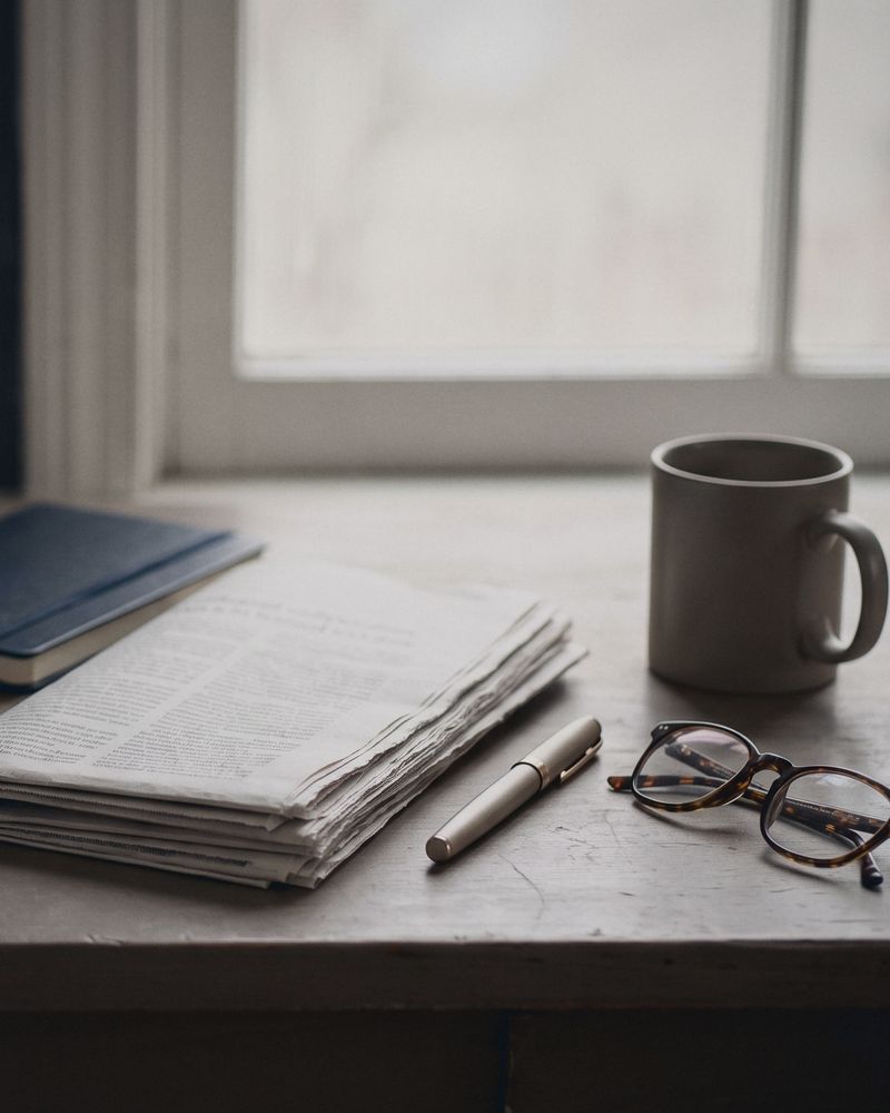 A desk by a window with a folded stack of papers, a pen and reading glasses